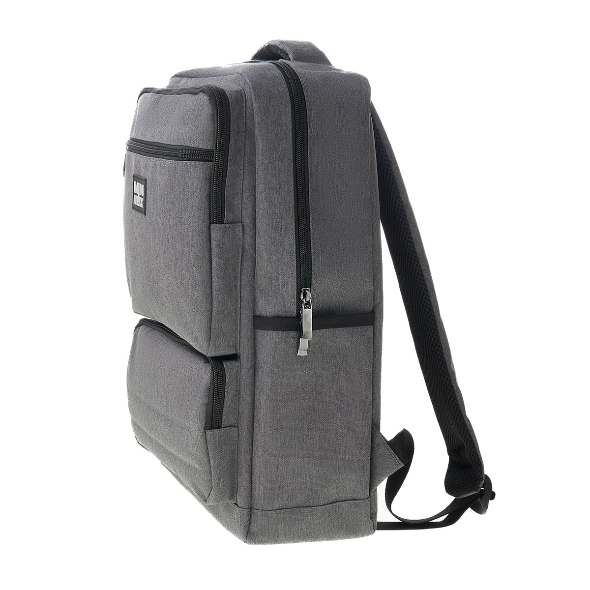 Detalle de cremalleras y compartimentos de la mochila para portátil moderna DRACO.